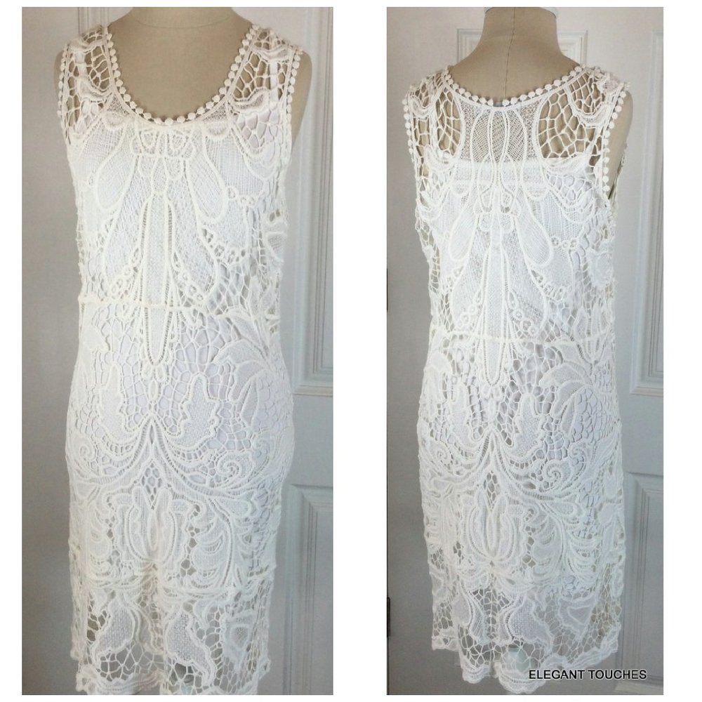 SOLITAIRE by Ravi Khosla White Crochet Lace Overlay Slip Dress Sleeveless Midi M